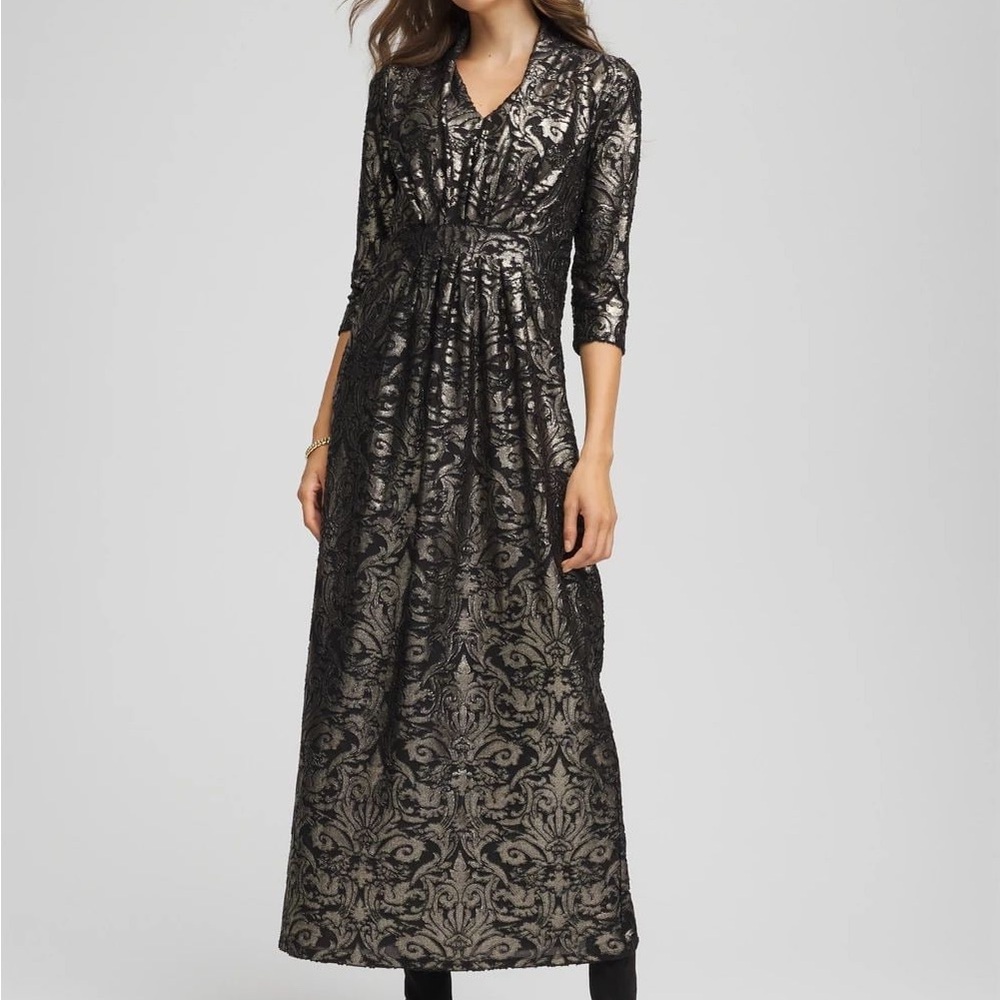 Chico's $170 Foiled Knit Pleated
Maxi Dress